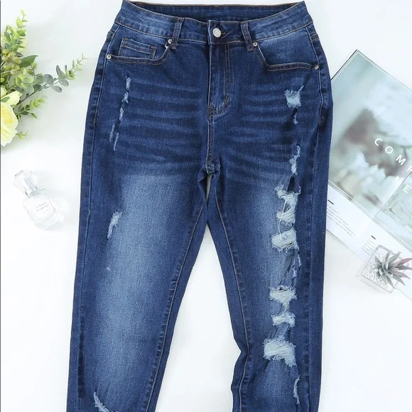 Dark Wash Distressed Skinny Jeans - Picture 7 of 9